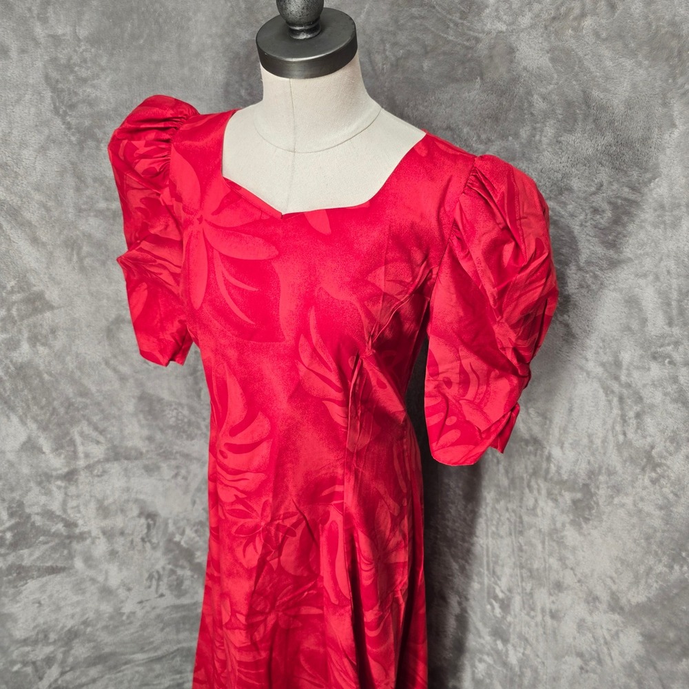 T&L Muumuu Factory Dress Womens 7/8 Red Tropical Floral Puff Sleeve Maxi Hawaii - Picture 15 of 15